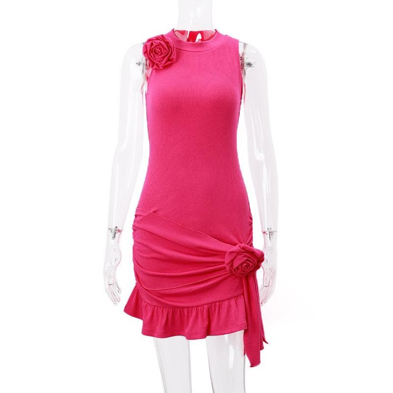 Ribbed Knit Sleeveless Flower Applique Ruffle Asymmetric Mini Dress