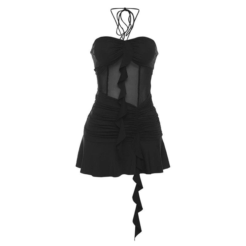 Mesh Halter Neck Ruffle Ruched Mini Dress
