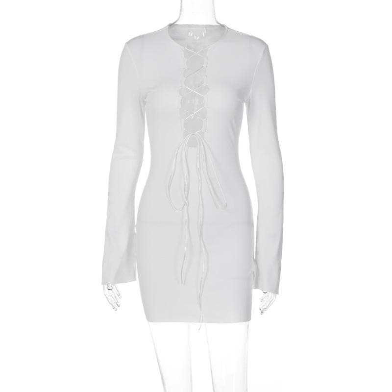 Lace up solid long sleeve ribbed self tie mini dress 4