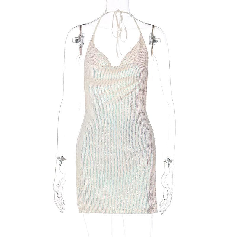 Glitter Cowl Neck Halter Backless High Split Bodycon Mini Dress