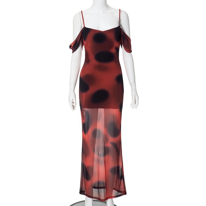 Polka dot mesh contrast off shoulder ruched cami maxi dress 2