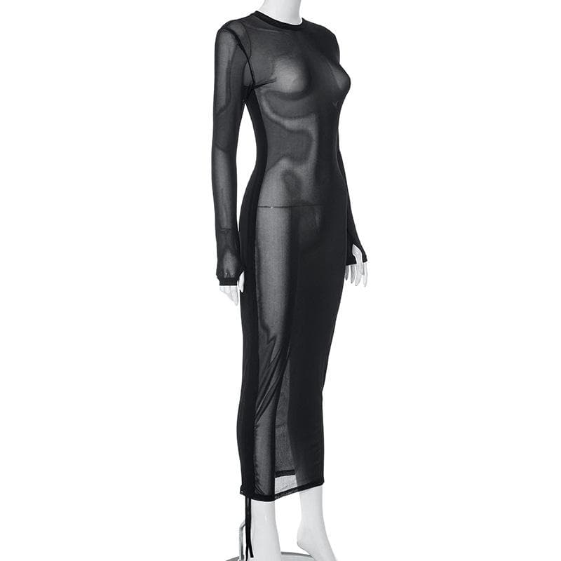 Crewneck long sleeve drawstring sheer mesh see through 2-way midi dress 4