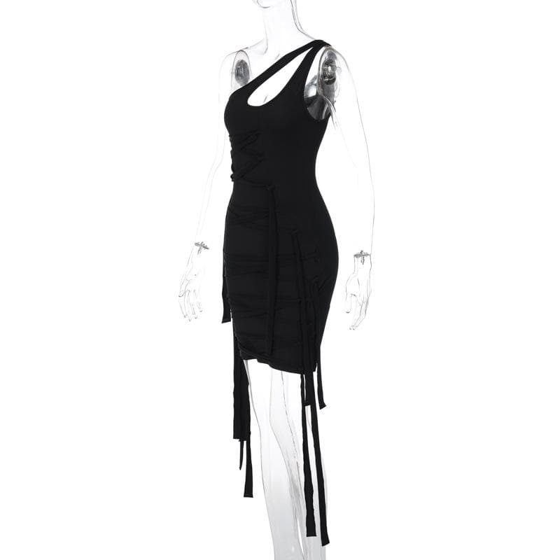 Irregular hollow out one shoulder lace up solid ribbon mini dress - View 5