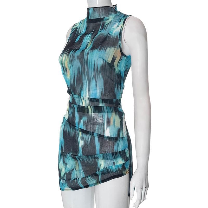 Chiffon tie dye high neck ruched contrast sleeveless zip-up mini dress - View 4