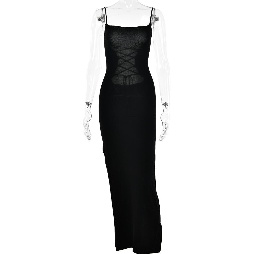 Lace up square neck slit solid backless cami maxi dress 2