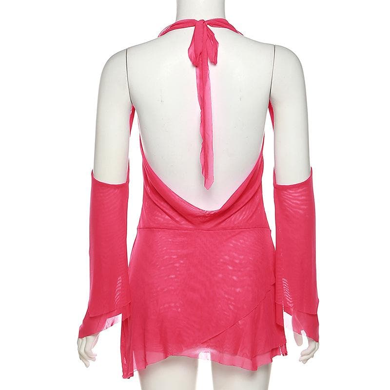 Mesh Cowl Neck Halter Long Sleeve Ruched Mini Dress