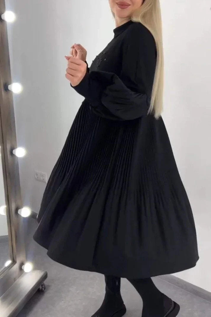 Beaded High Neck Pleated Lantern Sleeve Smock Mini Dress