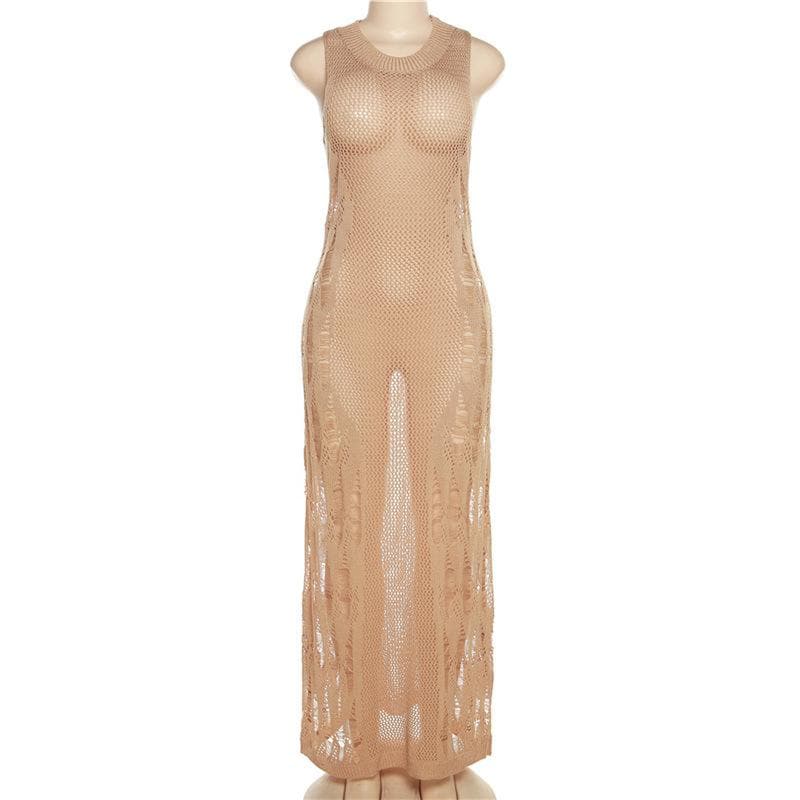 Open Knit Distressed Crochet Mesh Sleeveless Bodycon Maxi Dress