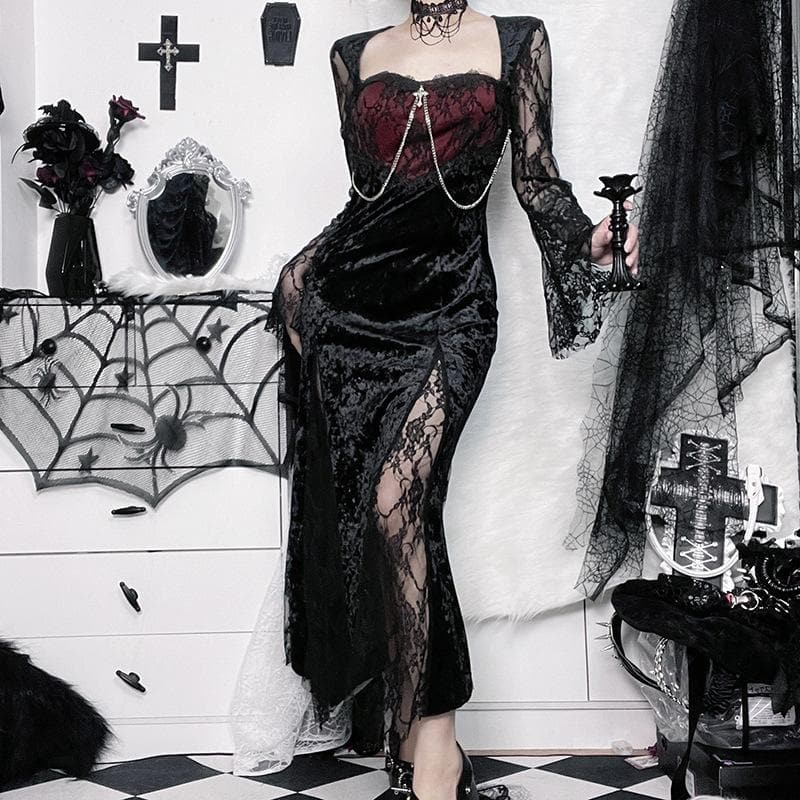 Lace contrast long flared sleeve metal chain zip-up velvet midi dress - View 8