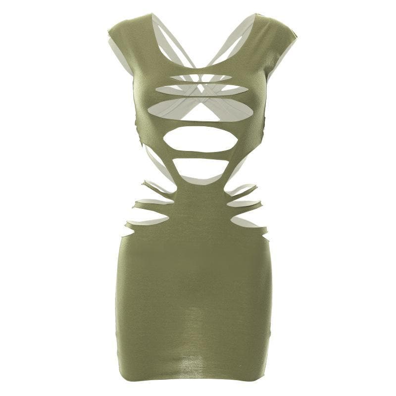 Round neck short sleeve hollow out solid dress