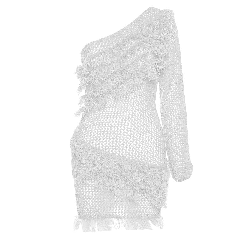 One Shoulder Long Sleeve Crochet Knit Fringe Trim Mini Dress 2