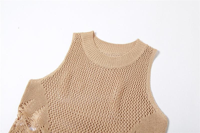 Open Knit Distressed Crochet Mesh Sleeveless Bodycon Maxi Dress