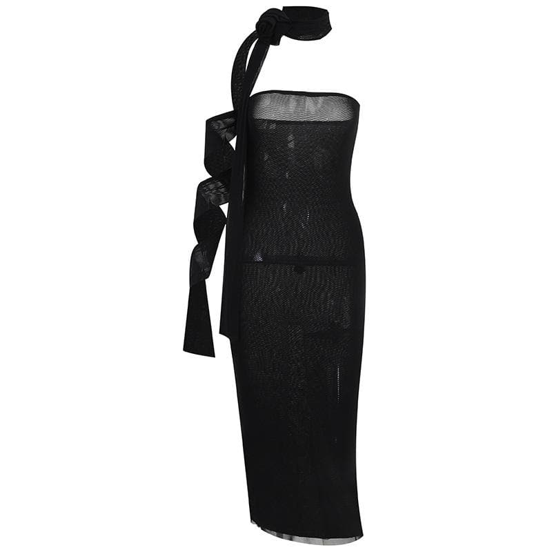 One Shoulder Rosette Tie Bodycon Maxi Dress