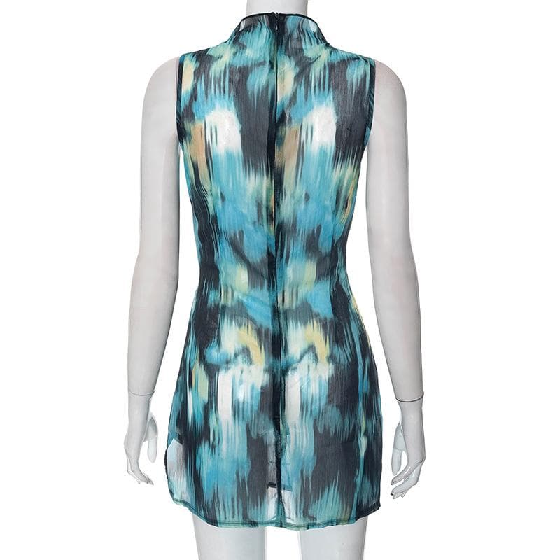 Chiffon tie dye high neck ruched contrast sleeveless zip-up mini dress - View 5