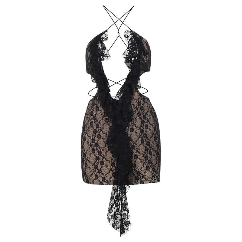 Cross front backless hollow out lace hem contrast mini dress 2