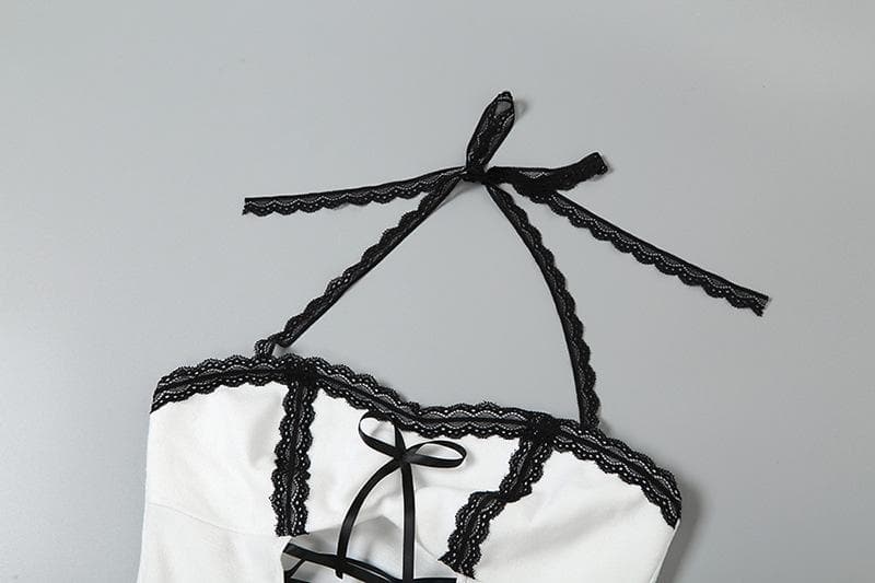 Lace Trim Halter Neck Lace Up Cut Out Mini Dress