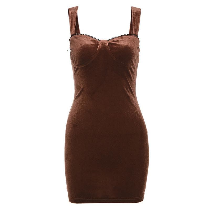 Velvet solid sleeveless sweetheart neck lace hem mini dress - View 4