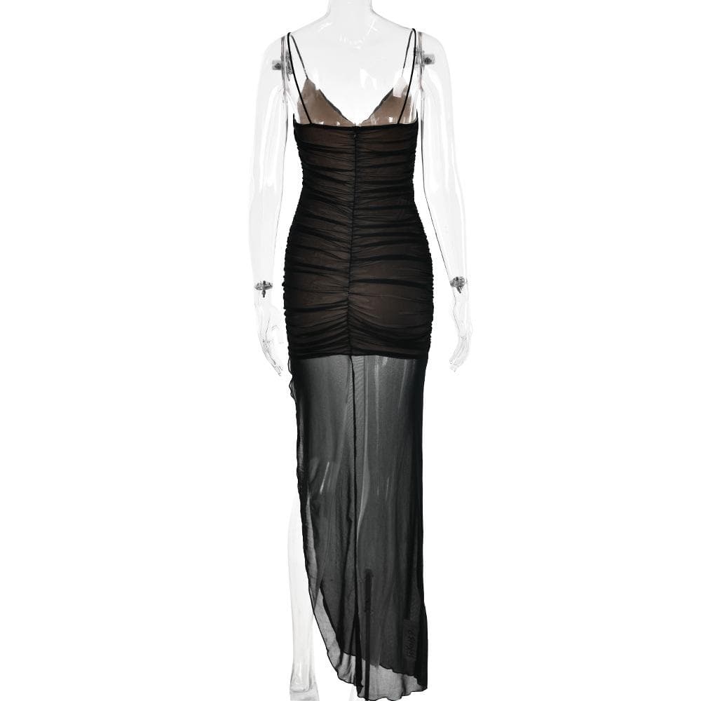 Mesh v neck ruched slit zip-up spaghetti strap maxi dress 6