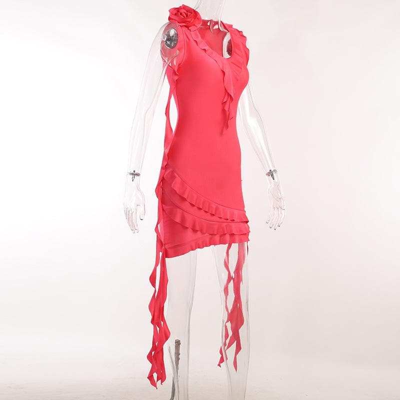 V-Neck Sleeveless Ruffle Flower Applique Asymmetric Mini Dress
