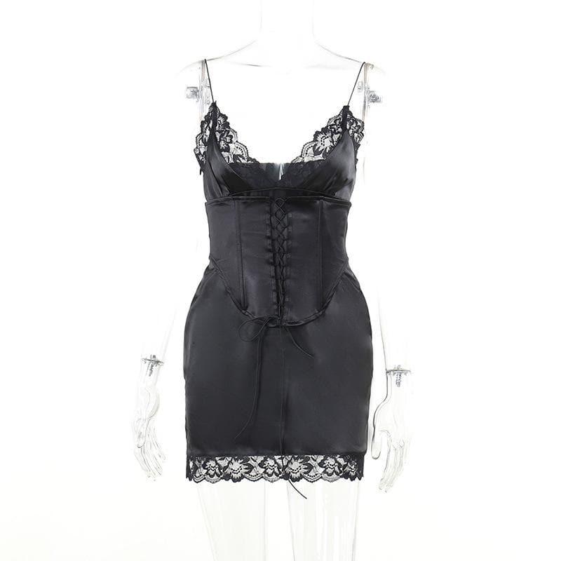 Satin V-Neck Lace Trim Lace Up Corset Mini Dress
