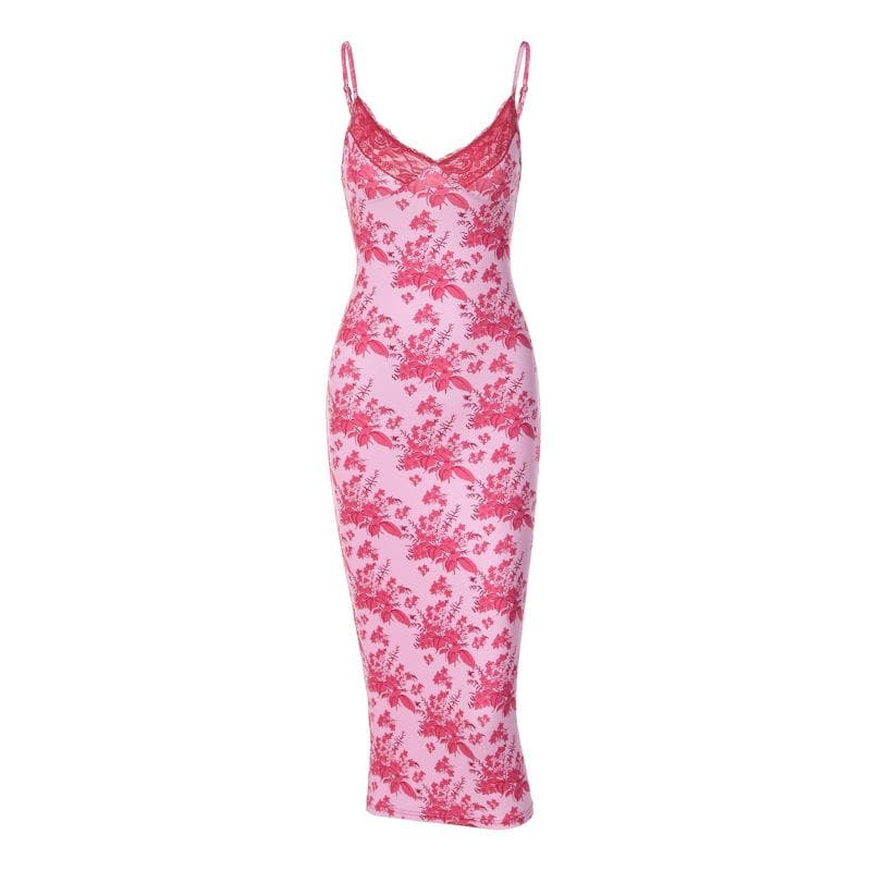 Floral Print Lace Trim V-Neck Spaghetti Strap Bodycon Midi Dress