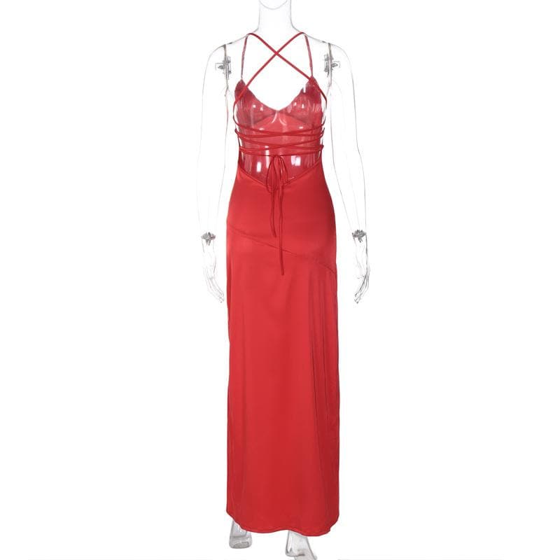 Slit cross back satin backless solid v neck maxi dress 4