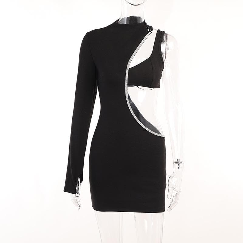 Beaded irregular button gloves hollow out long sleeve mini dress 2
