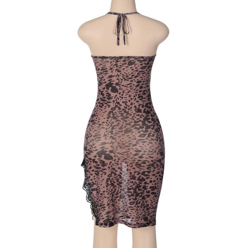 Leopard Print Cowl Neck Lace Trim Slit Bodycon Midi Dress