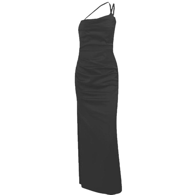 Solid satin ruched one shoulder slit midi dress - View 9