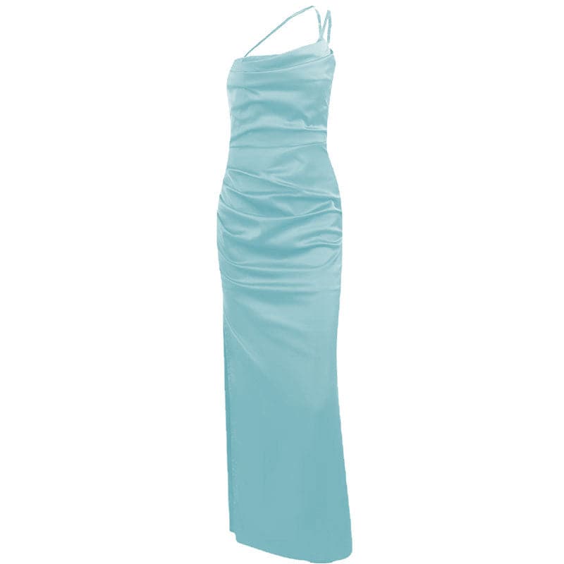 Solid satin ruched one shoulder slit midi dress - View 8