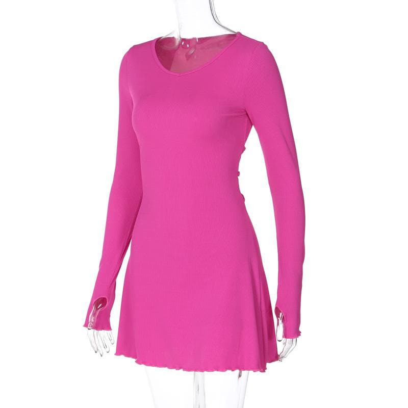 Ribbed Long Sleeve Lace Up Ruffle Mini Dress