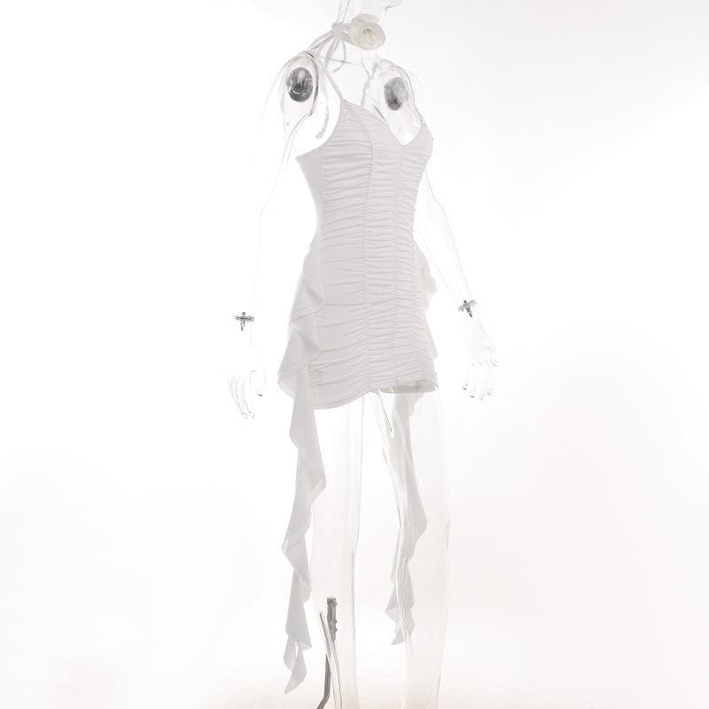 V-Neck Spaghetti Strap Ruched Bodycon Mini Dress