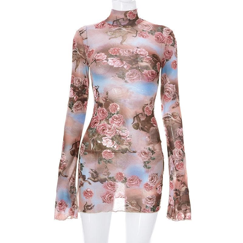 Floral Mesh High Neck Long Sleeve Sheer Bodycon Mini Dress