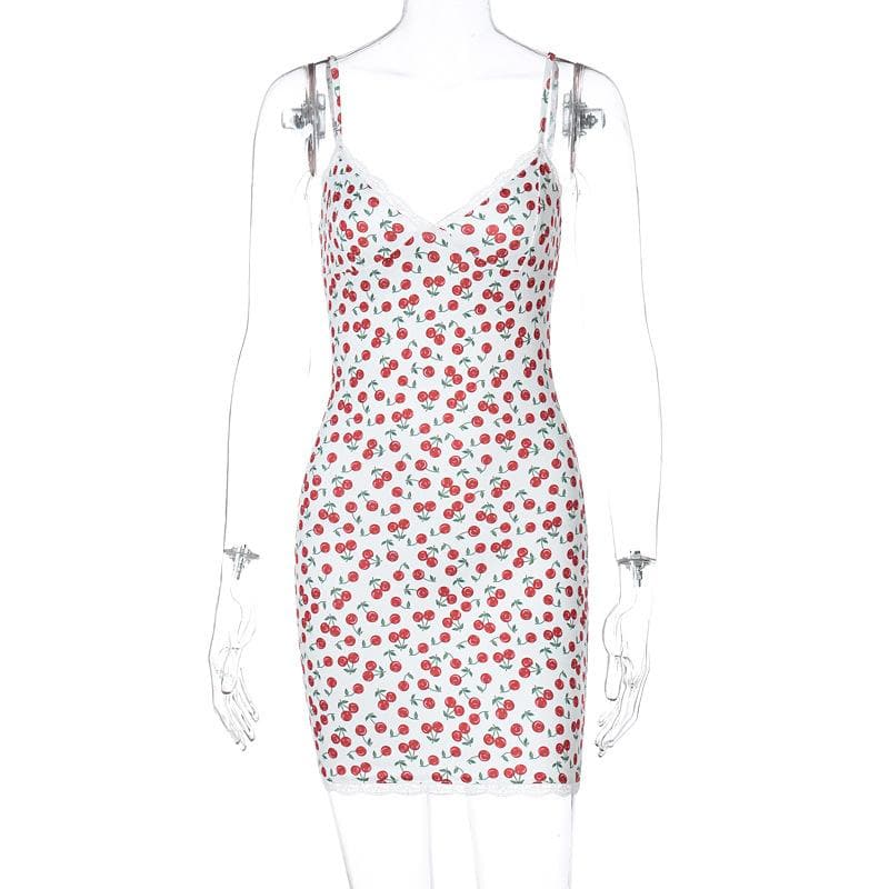 Cherry print v neck lace hem contrast cami mini dress - View 8