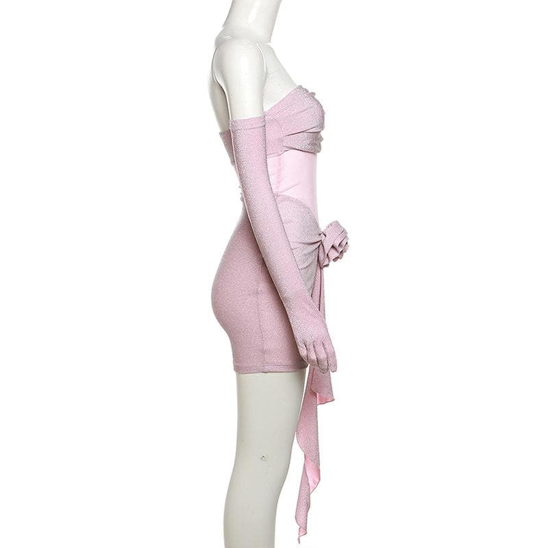 Glitter Strapless Mesh Cut Out Flower Applique Bodycon Mini Dress