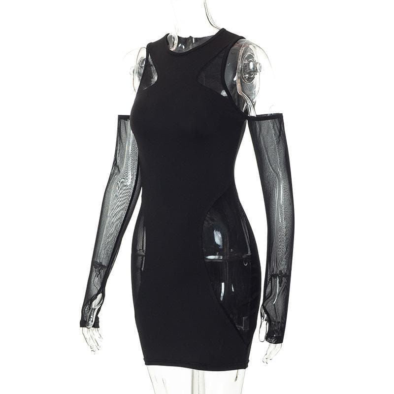 Mesh sleeveless solid gloves crewneck mini dress 3