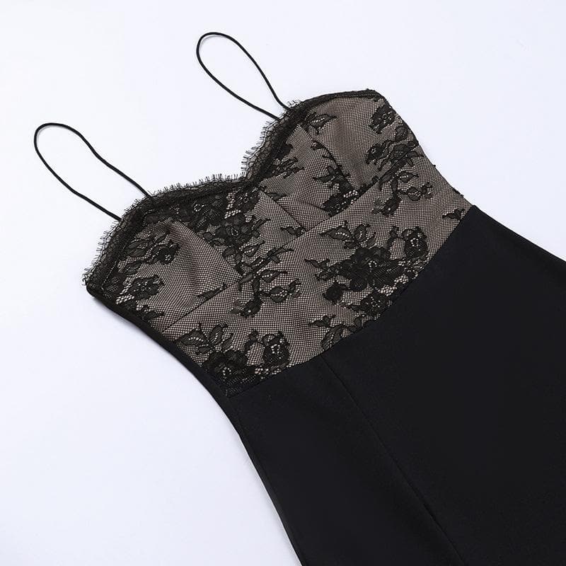 Lace patchwork contrast slit irregular midi dress - View 4