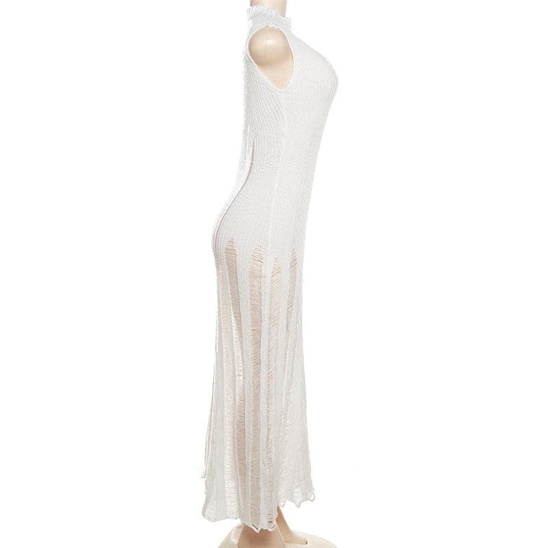 Ribbed Knit Mock Neck Sleeveless Distressed Shredded Maxi Dress