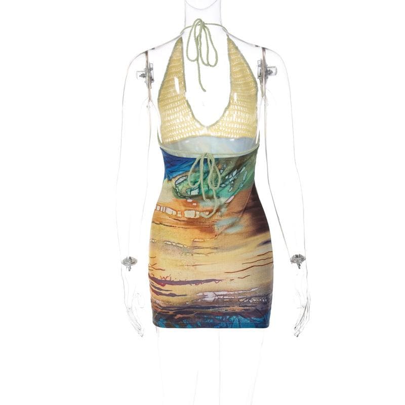Contrast Print Knit Halter Neck Bodycon Mini Dress