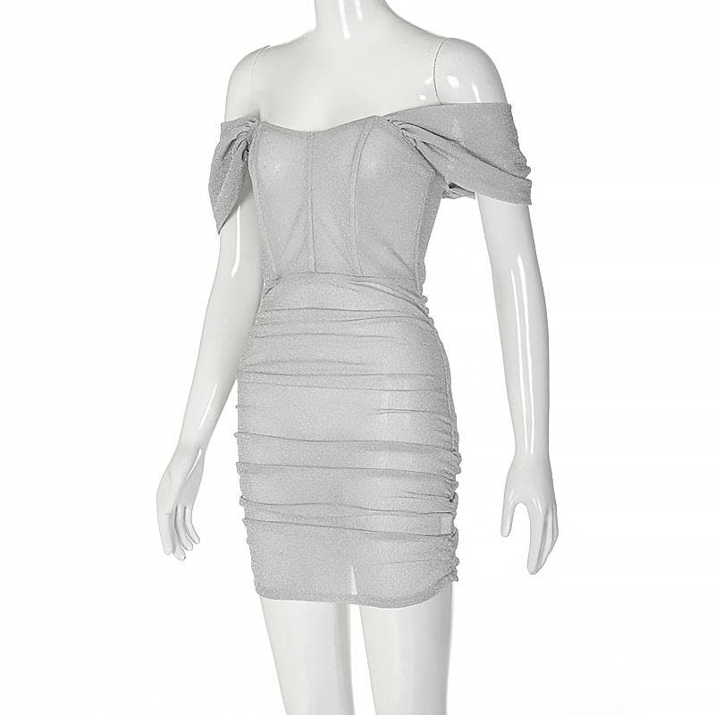 Glitter Off Shoulder Corset Ruched Bodycon Mini Dress