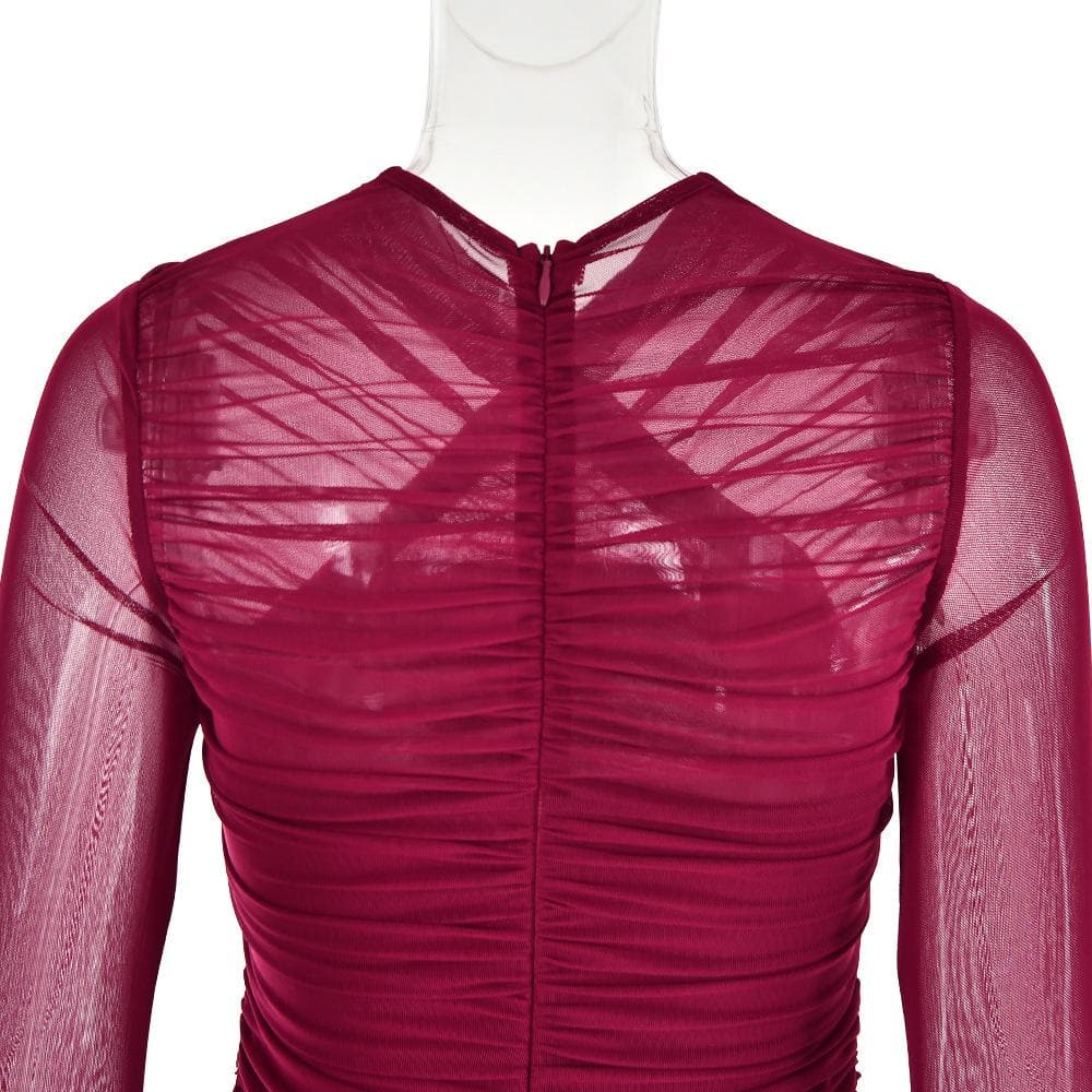 Cross Front Mesh Ruched Long Sleeve Mini Dress