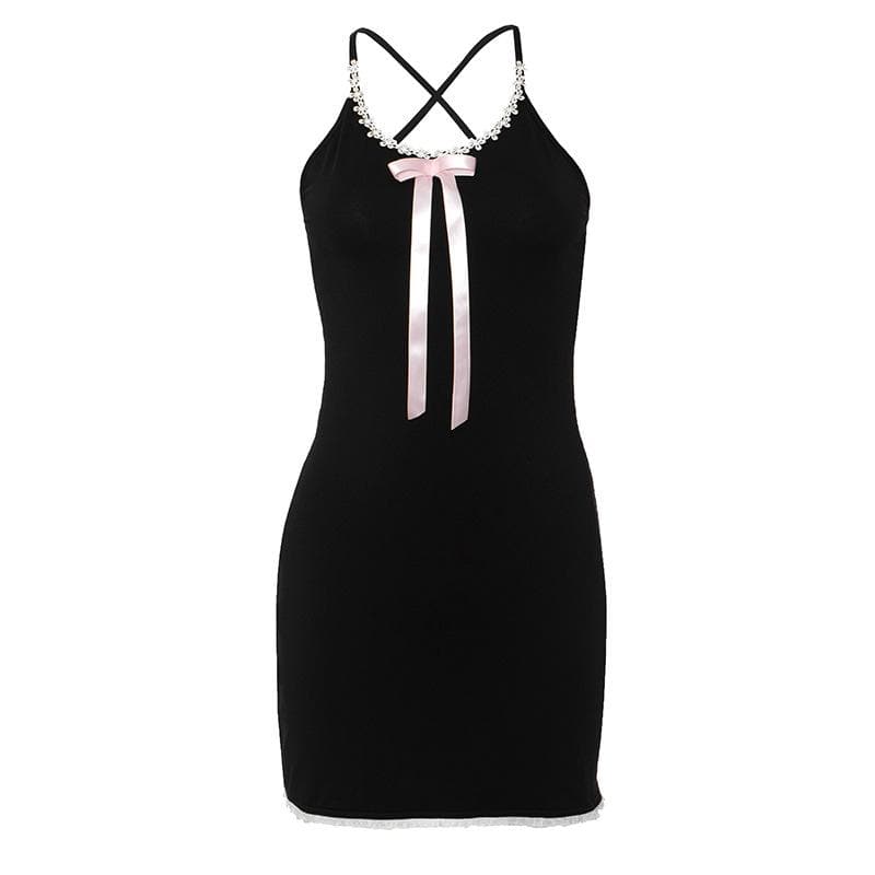 Bowknot ribbon lace hem u neck cross back backless cami mini dress 2