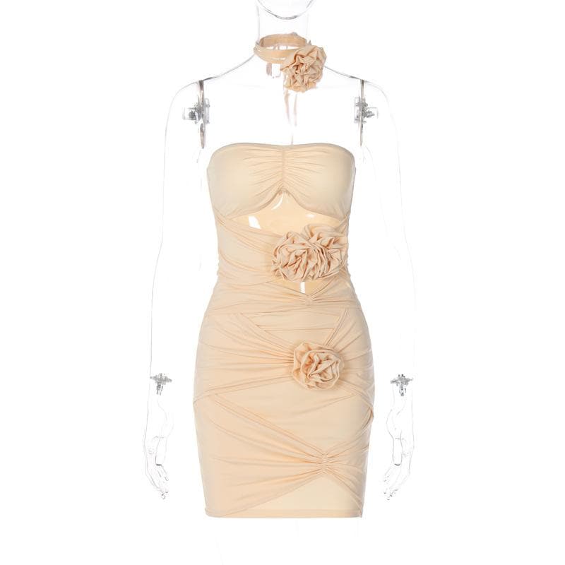 Halter Ruched Flower Applique Bodycon Mini Dress