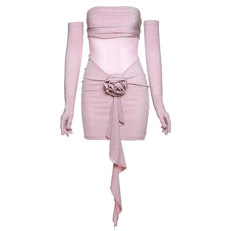 Glitter Strapless Mesh Cut Out Flower Applique Bodycon Mini Dress