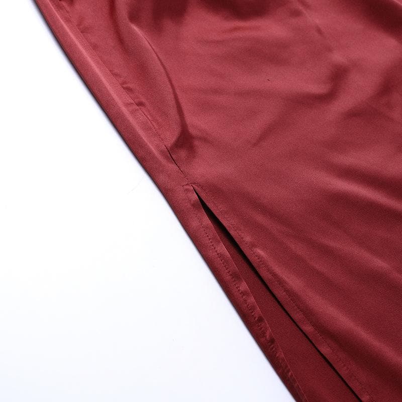 Solid satin ruched one shoulder slit midi dress - View 6