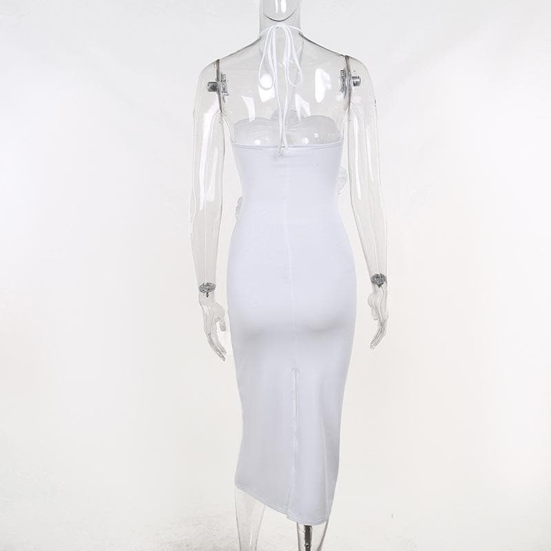 Halter Neck 3D Rose Cut Out Ruched Bodycon Maxi Dress