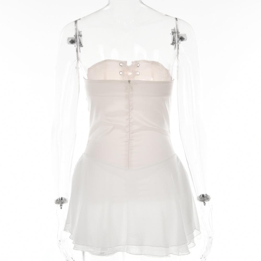 Strapless Satin Lace Up Corset Chiffon Ruffle Skirt Mini Dress 4