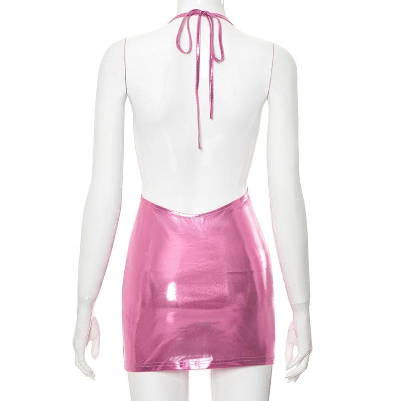 Metallic Halter Neck Backless O Ring Strappy Bodycon Mini Dress