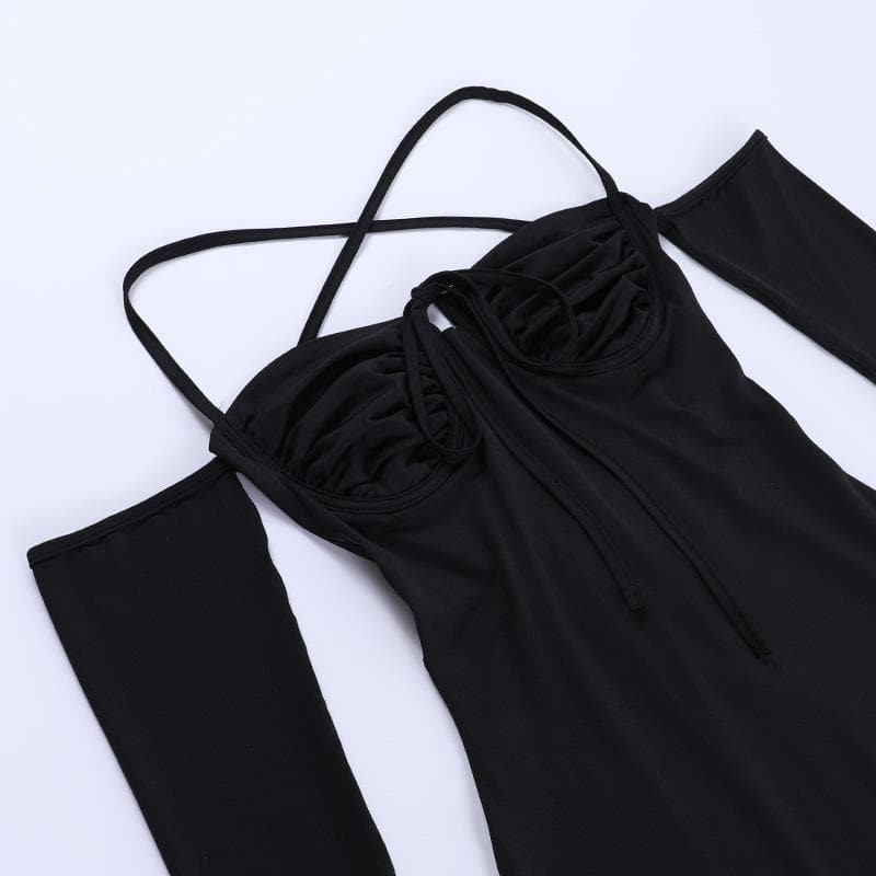 Lace up solid cross back off shoulder long sleeve mini dress 9