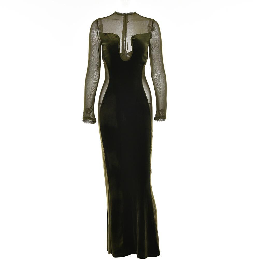 Long sleeve velvet mesh solid zip-up maxi dress - View 2
